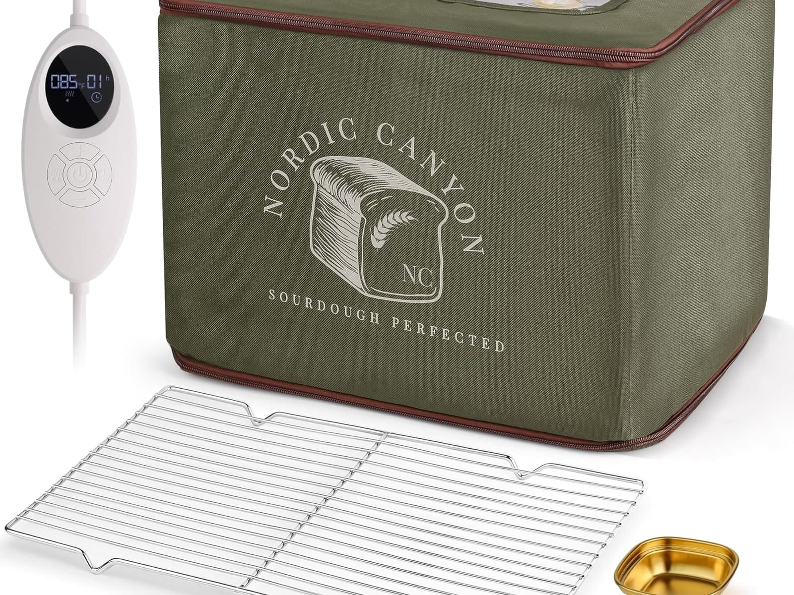 The Nordic Canyon Bread Proofing Box with its digital controller, cooling rack, and dough tin